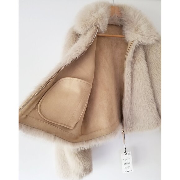 NEW ZARA Double-Faced Faux Fur Jacket Size S Taupe Gray Zip Front Suede Lined - Picture 11 of 16